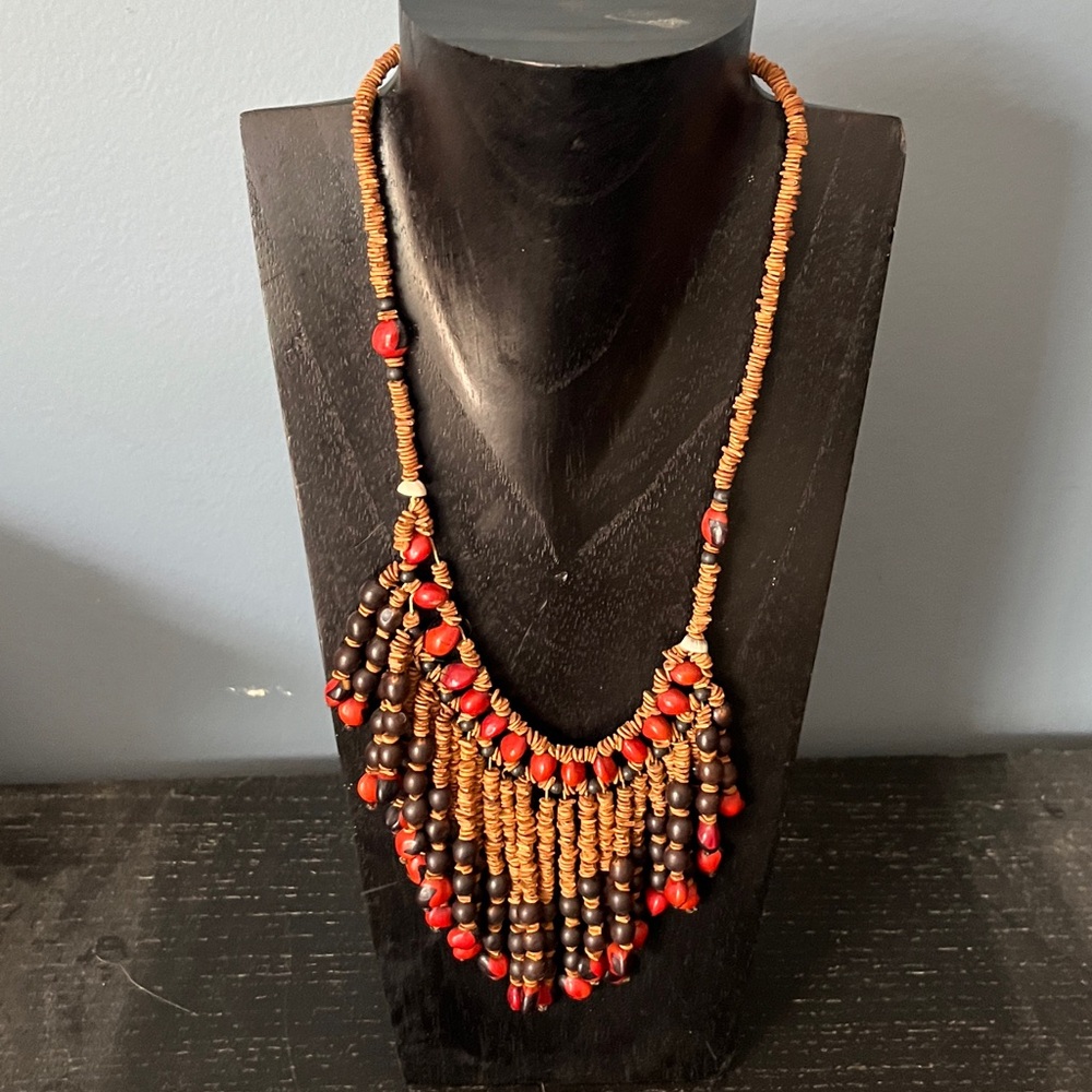 Bohemian Beaded Necklace with Red Accents